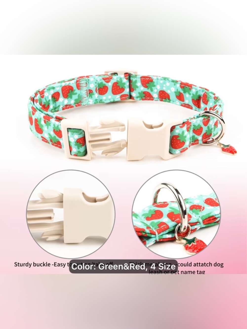 Strawberry Print Dog Collar - Mint Green. Sizes M & L - Picture 3 of 5
